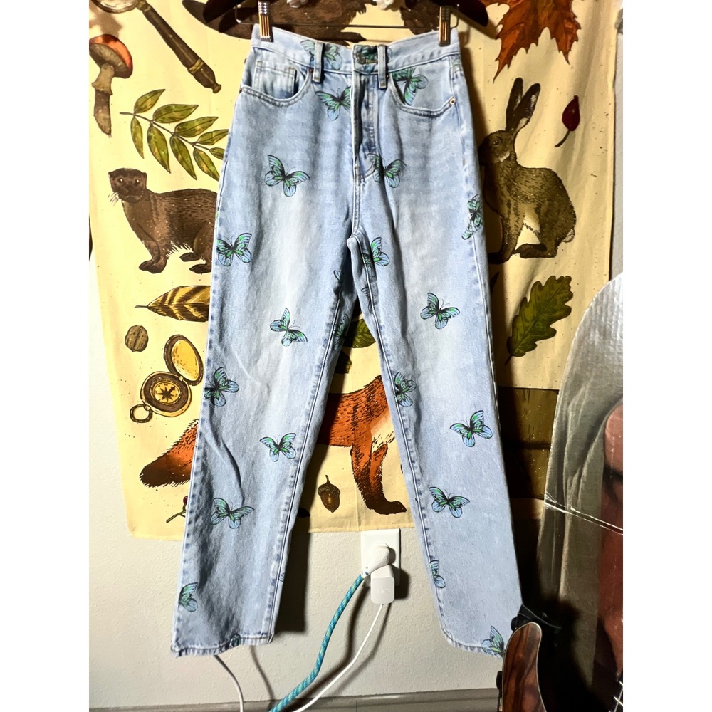 PacSun Dad Jean Women 25 Light Blue Excellent Butterfly Print High Rise Denim